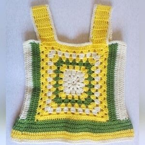 Vintage crochet‎ knit tank top floral wool yellow VTG 70s cottagecore boho small